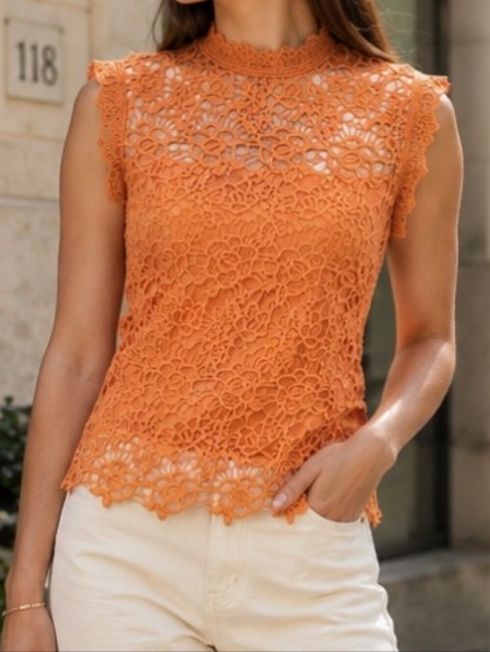 Elegant Coral Sleeveless Lace Top